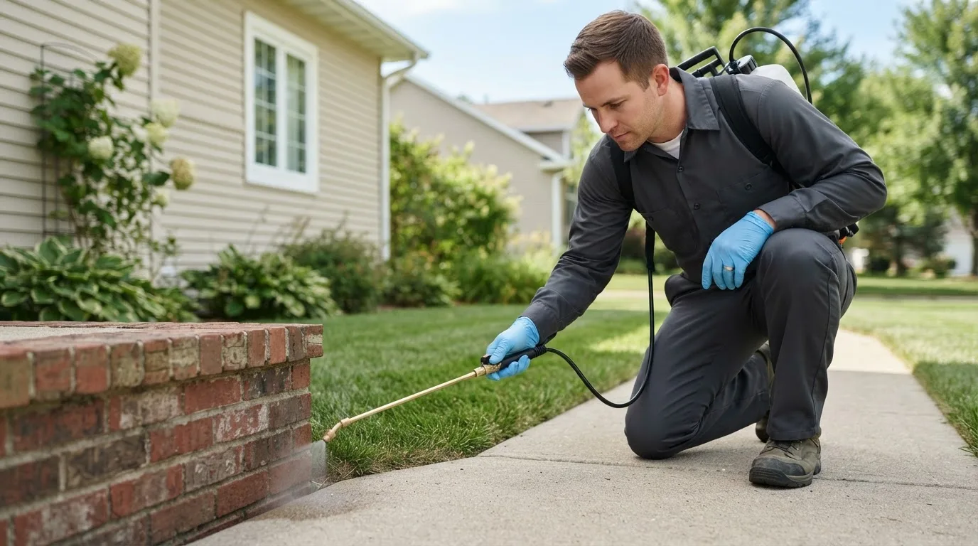 Pest control technician treating a home near Manderson, SD